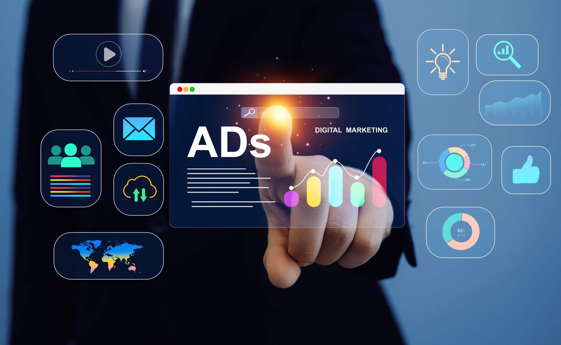 Digital marketing AI concept social media, email, website and channel search engine. 